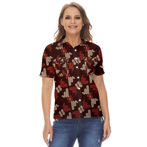 Oriental Dragon Motif Pattern Women s Short Sleeve Double Pocket Shirt by Sarkoni