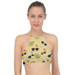 Seamless Pattern Of Sunglasses Tropical Leaves And Flowers Halter Bikini Top by Sarkoni