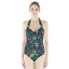 Pattern Forest Leaf Flower Motif Halter Swimsuit by Sarkoni