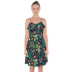 Pattern Forest Leaf Flower Motif Ruffle Detail Chiffon Dress by Sarkoni