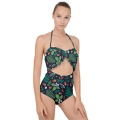 Pattern Forest Leaf Flower Motif Scallop Top Cut Out Swimsuit by Sarkoni