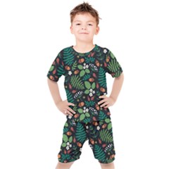 Pattern Forest Leaf Flower Motif Kids  T-shirt And Shorts Set by Sarkoni