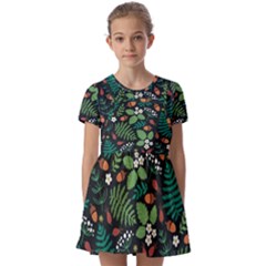 Pattern Forest Leaf Flower Motif Kids  Short Sleeve Pinafore Style Dress by Sarkoni