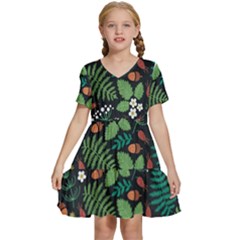 Pattern Forest Leaf Flower Motif Kids  Short Sleeve Tiered Mini Dress by Sarkoni