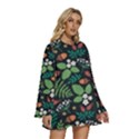 Pattern Forest Leaf Flower Motif Round Neck Long Sleeve Bohemian Style Chiffon Mini Dress View3