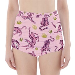 Pink Tigers And Tropical Leaves Patern High-waisted Bikini Bottoms by Sarkoni