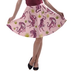 Pink Tigers And Tropical Leaves Patern A-line Skater Skirt by Sarkoni