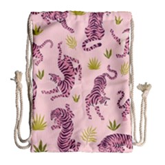 Pink Tigers And Tropical Leaves Patern Drawstring Bag (large) by Sarkoni