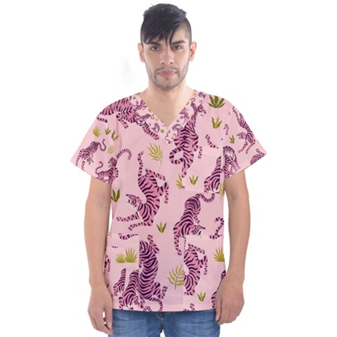 Pink Tigers And Tropical Leaves Patern Men s V-neck Scrub Top by Sarkoni