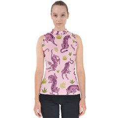 Pink Tigers And Tropical Leaves Patern Mock Neck Shell Top by Sarkoni