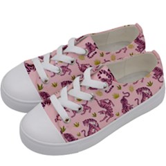 Pink Tigers And Tropical Leaves Patern Kids  Low Top Canvas Sneakers by Sarkoni