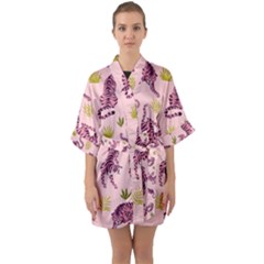 Pink Tigers And Tropical Leaves Patern Half Sleeve Satin Kimono  by Sarkoni