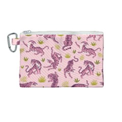 Pink Tigers And Tropical Leaves Patern Canvas Cosmetic Bag (medium) by Sarkoni