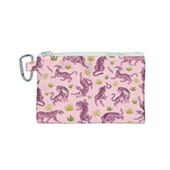 Pink Tigers And Tropical Leaves Patern Canvas Cosmetic Bag (small) by Sarkoni