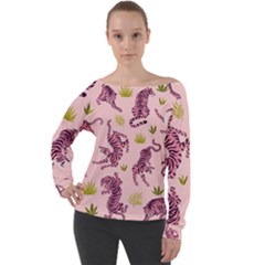 Pink Tigers And Tropical Leaves Patern Off Shoulder Long Sleeve Velour Top by Sarkoni