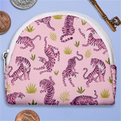 Pink Tigers And Tropical Leaves Patern Horseshoe Style Canvas Pouch by Sarkoni