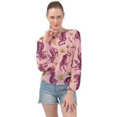 Pink Tigers And Tropical Leaves Patern Banded Bottom Chiffon Top by Sarkoni