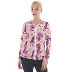 Pink Tigers And Tropical Leaves Patern Velvet Zip Up Jacket by Sarkoni