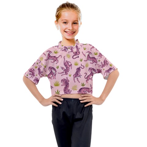 Pink Tigers And Tropical Leaves Patern Kids Mock Neck T-shirt by Sarkoni