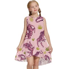 Pink Tigers And Tropical Leaves Patern Kids  Frill Swing Dress by Sarkoni