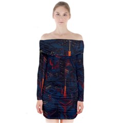 Architecture City Pixel Art Long Sleeve Off Shoulder Dress by Sarkoni