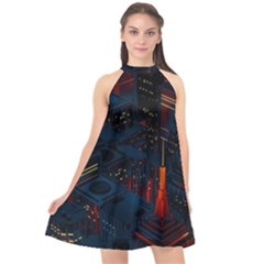 Architecture City Pixel Art Halter Neckline Chiffon Dress  by Sarkoni