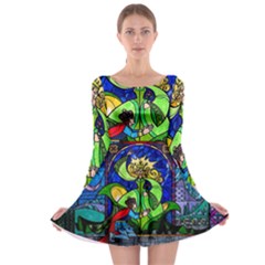 Beauty And The Beast Stained Glass Rose Long Sleeve Skater Dress by Sarkoni