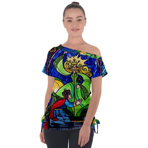 Beauty And The Beast Stained Glass Rose Off Shoulder Tie-up T-shirt by Sarkoni