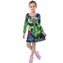 Beauty And The Beast Stained Glass Rose Kids  Long Sleeve Velvet Dress by Sarkoni