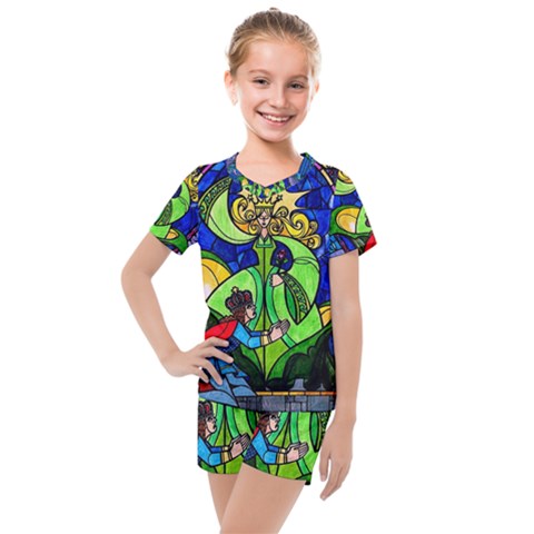 Beauty And The Beast Stained Glass Rose Kids  Mesh T-shirt And Shorts Set by Sarkoni