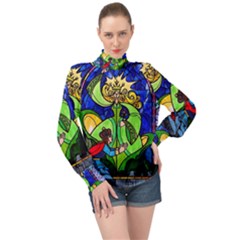 Beauty And The Beast Stained Glass Rose High Neck Long Sleeve Chiffon Top