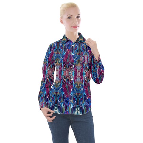 Cobalt Blend Women s Long Sleeve Pocket Shirt by kaleidomarblingart