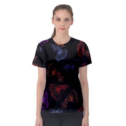 Vector Aquarium Guppies Seamless Fish Pattern With Black Background Women s Sport Mesh T-shirt by Grandong