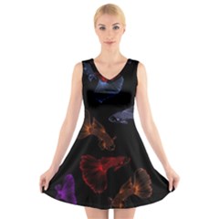 Vector Aquarium Guppies Seamless Fish Pattern With Black Background V-neck Sleeveless Dress by Grandong