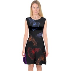 Vector Aquarium Guppies Seamless Fish Pattern With Black Background Capsleeve Midi Dress by Grandong