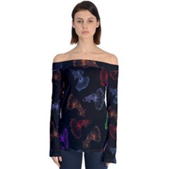 Vector Aquarium Guppies Seamless Fish Pattern With Black Background Off Shoulder Long Sleeve Top by Grandong