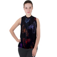 Vector Aquarium Guppies Seamless Fish Pattern With Black Background Mock Neck Chiffon Sleeveless Top by Grandong