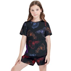 Vector Aquarium Guppies Seamless Fish Pattern With Black Background Kids  T-shirt And Sports Shorts Set by Grandong