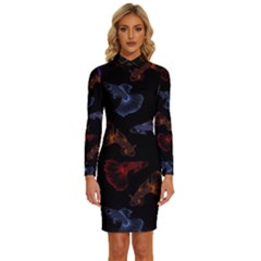 Vector Aquarium Guppies Seamless Fish Pattern With Black Background Long Sleeve Shirt Collar Bodycon Dress by Grandong