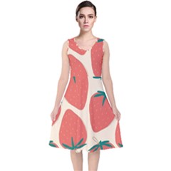 Seamless Strawberry Pattern Vector V-neck Midi Sleeveless Dress  by Grandong