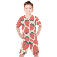 Seamless Strawberry Pattern Vector Kids  T-shirt And Shorts Set by Grandong