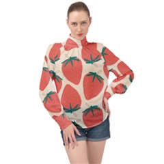 Seamless Strawberry Pattern Vector High Neck Long Sleeve Chiffon Top by Grandong