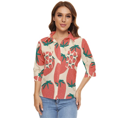 Seamless Strawberry Pattern Vector Women s Quarter Sleeve Pocket Shirt by Grandong