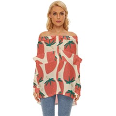 Seamless Strawberry Pattern Vector Off Shoulder Chiffon Pocket Shirt by Grandong