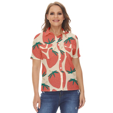 Seamless Strawberry Pattern Vector Women s Short Sleeve Double Pocket Shirt by Grandong