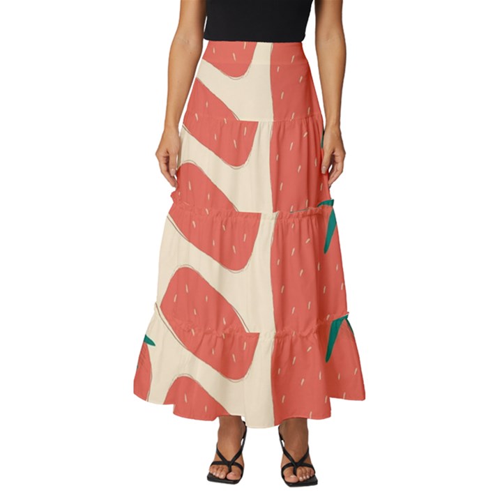 Seamless Strawberry Pattern Vector Tiered Ruffle Maxi Skirt