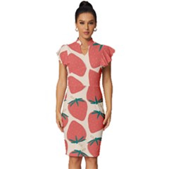 Seamless Strawberry Pattern Vector Vintage Frill Sleeve V-neck Bodycon Dress by Grandong