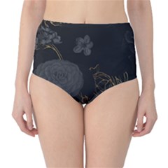 Dark And Gold Flower Patterned Classic High-waist Bikini Bottoms by Grandong