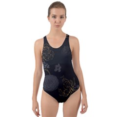 Dark And Gold Flower Patterned Cut-out Back One Piece Swimsuit by Grandong