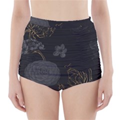 Dark And Gold Flower Patterned High-waisted Bikini Bottoms by Grandong